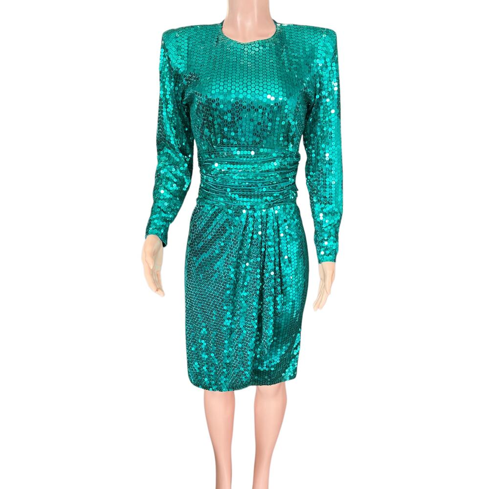 Vintage 80s Oleg Cassini Green Sequin Dress Slimming Tummy Control Small/Medium